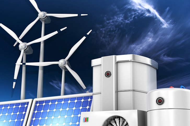 turbina wiatrowa, panel słoneczny i powietrzna pompa